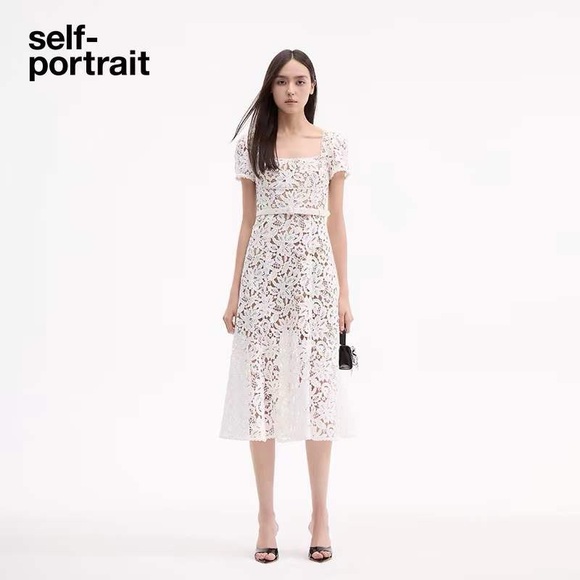 Self Portrait WHITE FLORAL LACE MIDI DRESS
